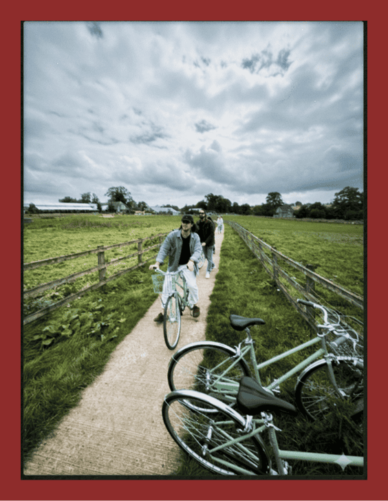 Cyclists enjoying a peaceful bike ride along a lush green countryside path.