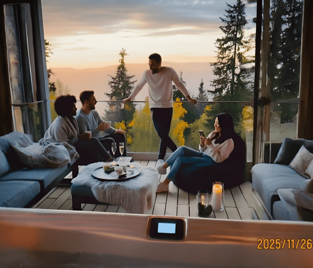 Relaxed group enjoying scenic mountain view from a stylish lounge area.