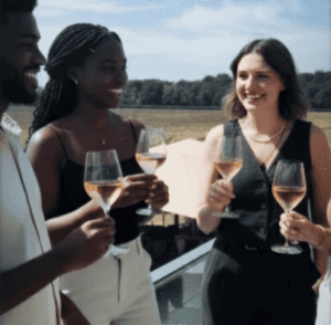Group of friends enjoying wine outdoors on a sunny day.