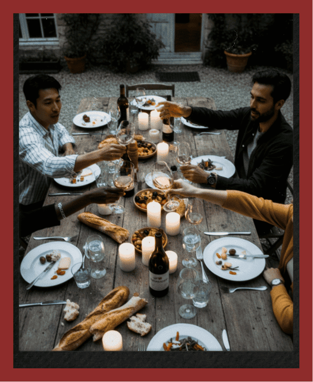 Stylish dinner party with friends enjoying wine and good food outdoors.