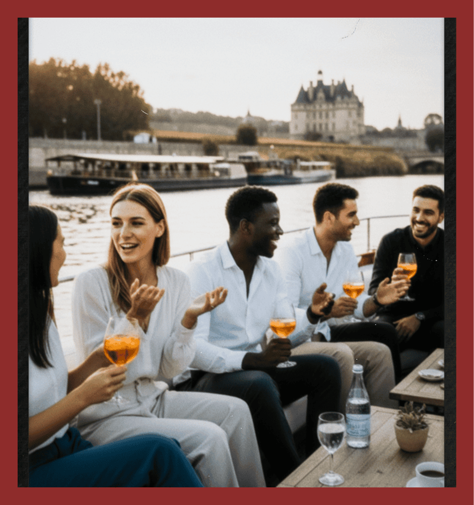 Group of friends enjoying drinks on a river cruise with scenic castle view.