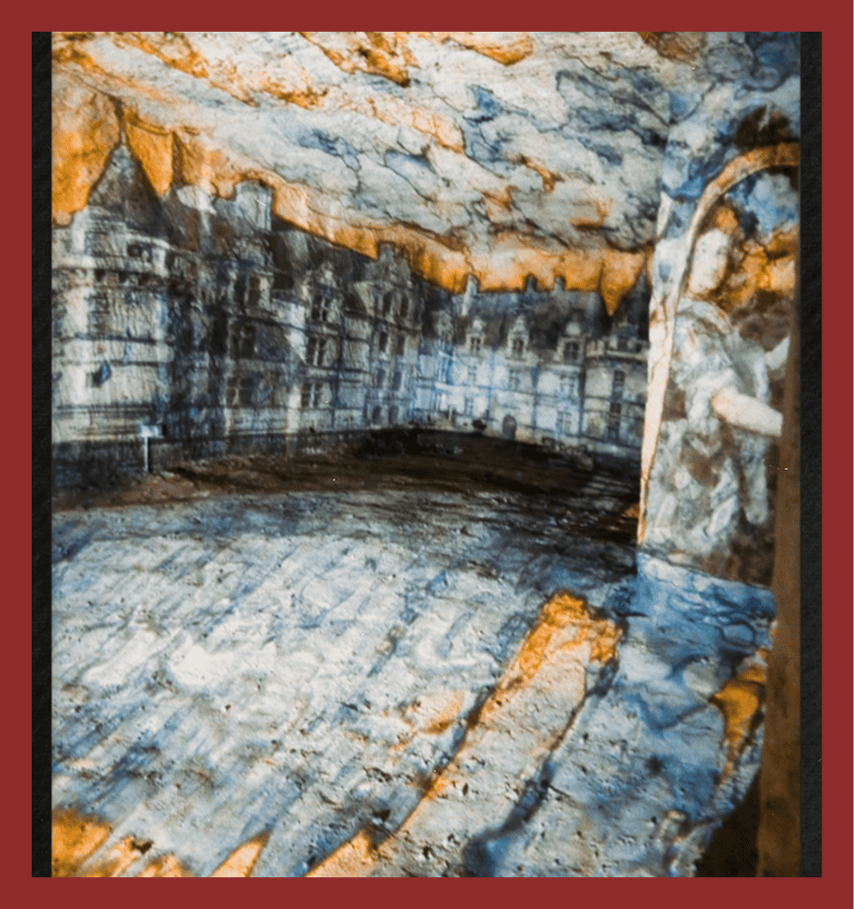 Detailed cave painting of historic cityscape and architectural details.