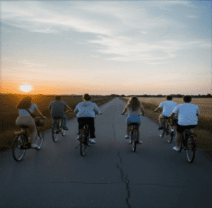 Group of friends cycling together during sunset on rural road.