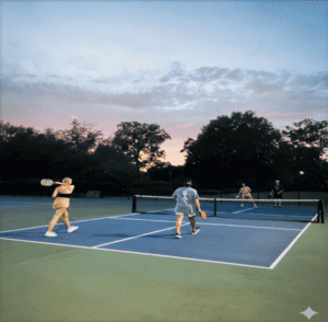 Tennis players playing doubles on an outdoor court during sunset.
