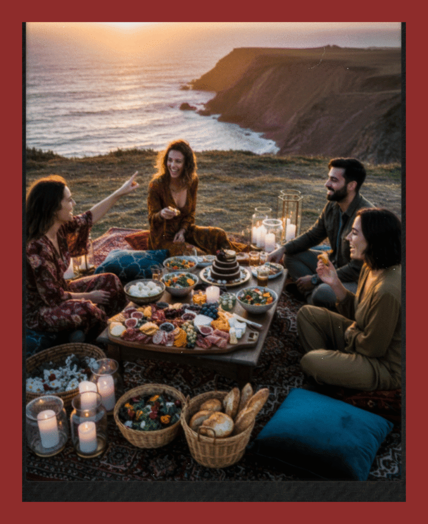 Vanalondon outdoor picnic setup at sunset with friends, coastal cliffs, and themed food arrangement.