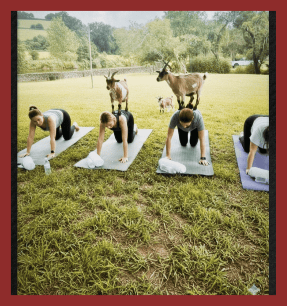 Outdoor yoga session with goats on lush green grass in tranquil rural setting.
