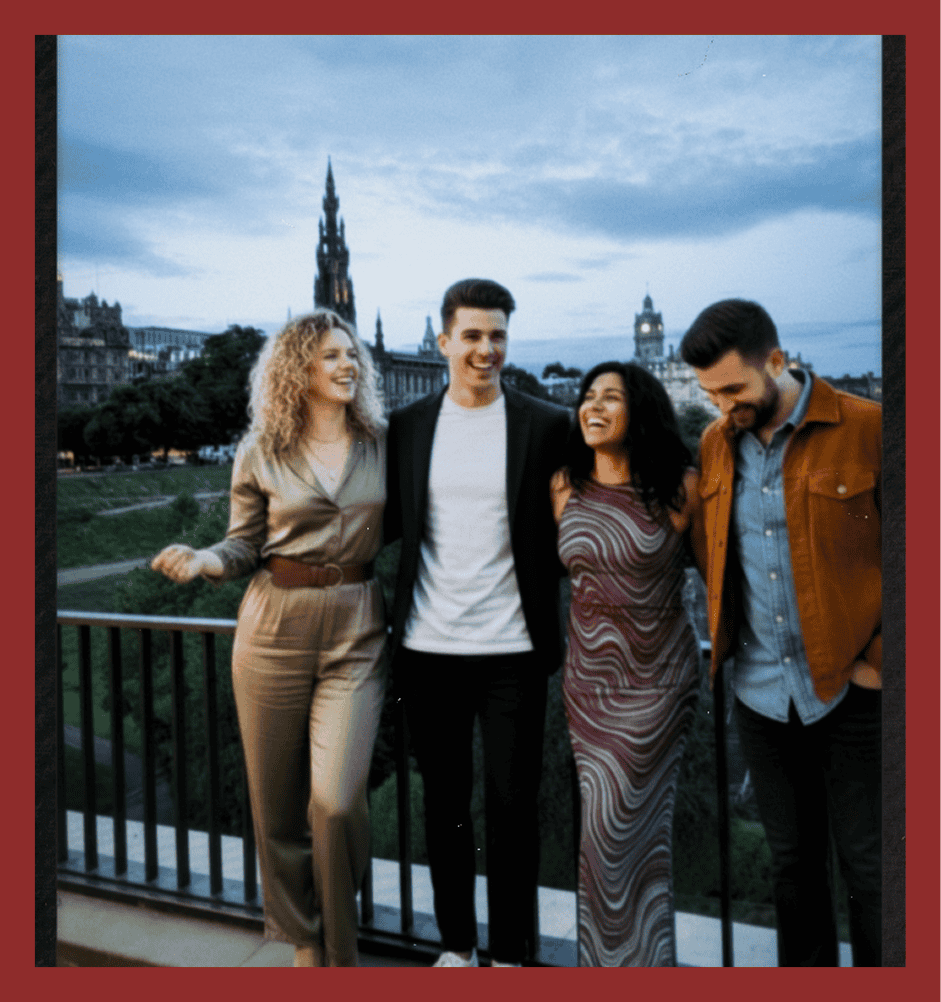 Stylish friends enjoying Van London experience on a scenic balcony.