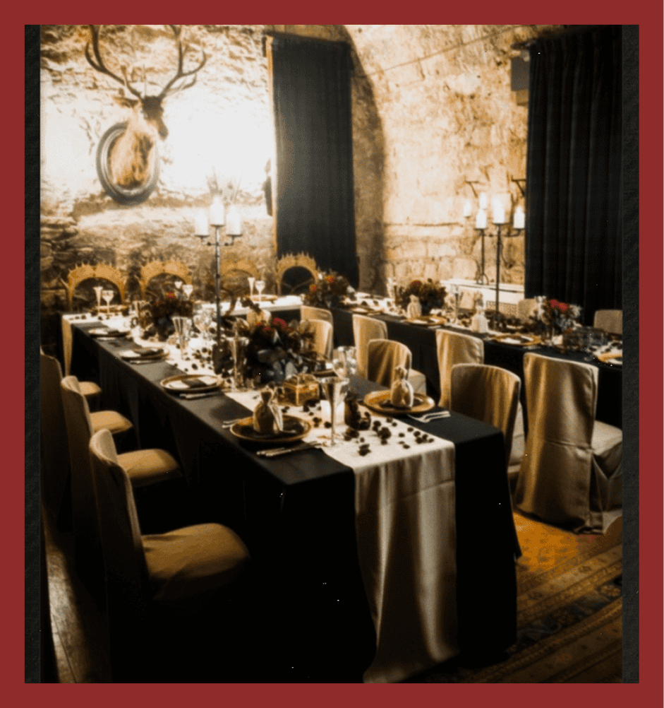 Luxury wedding and event dining room with vintage decor and romantic lighting.