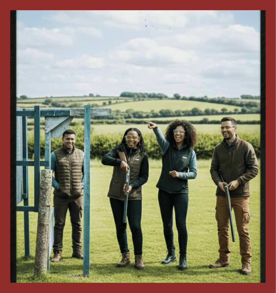 Group of four friends enjoying outdoor team activities, laughing and bonding in a lush countryside setting.