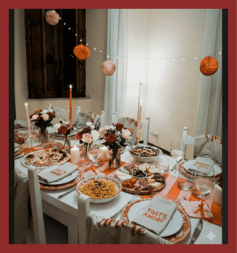 Vibrant dinner table setup with flowers, candles, and decorative tableware for celebrations.