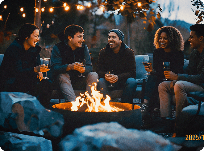 A group of friends enjoying drinks around a firepit outdoors at sunset.