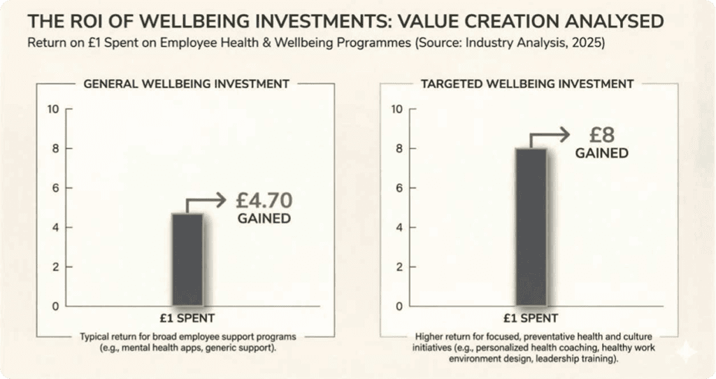 Bar chart showing ROI of employee wellbeing investments, highlighting £4.70 and £8 gains.